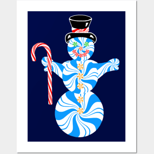 Blue Peppermint Snowman with Candy Cane Posters and Art